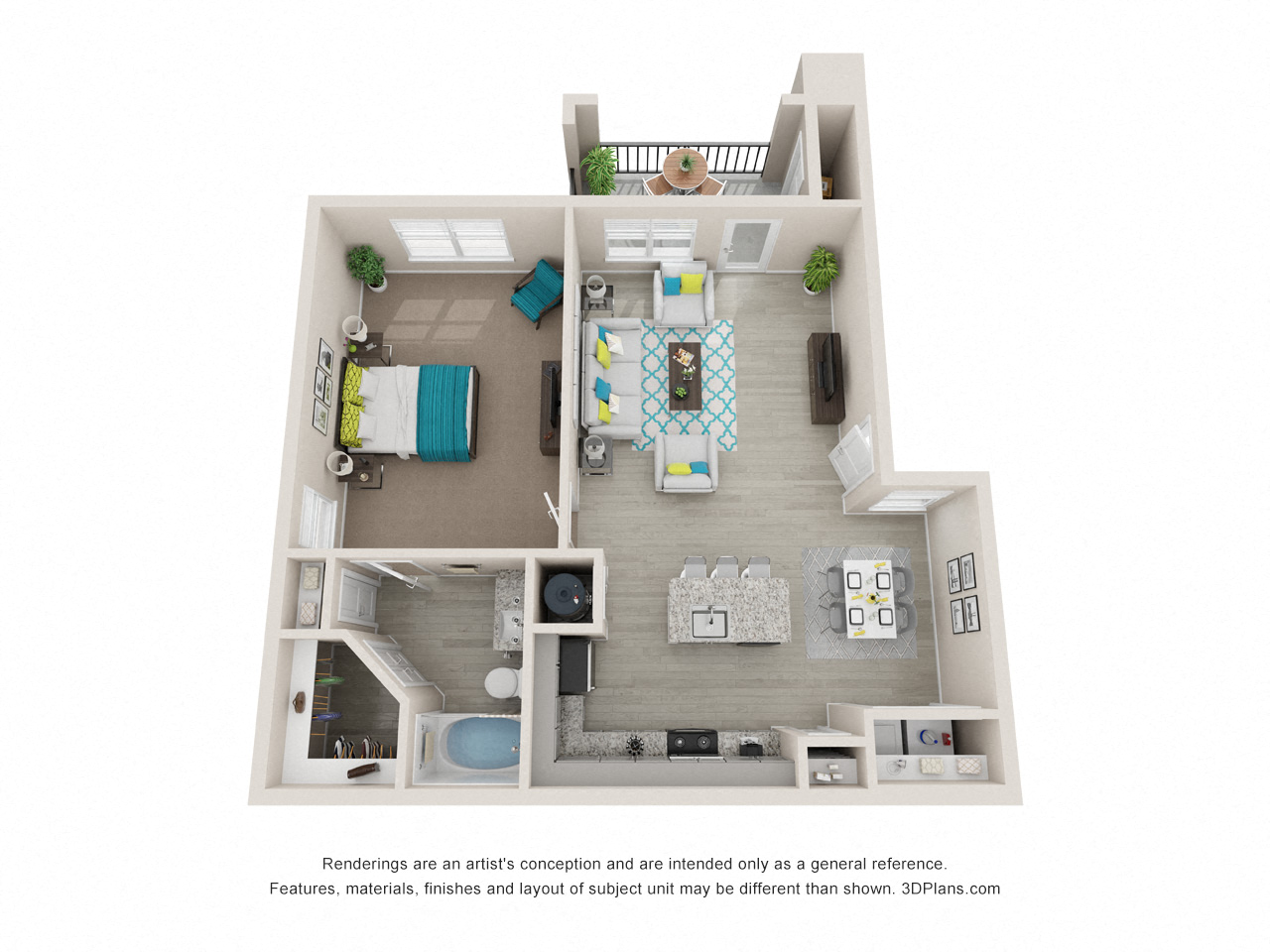 Floor plan for 1 bed, 1 bath, 886 sqft